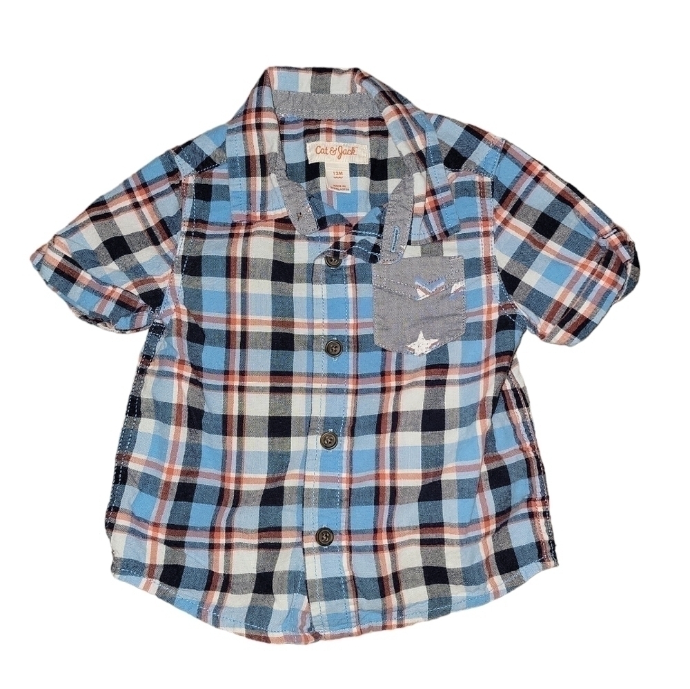 5/$25 Cat & Jack size 12 months boys short sleeve button down plaid shirt